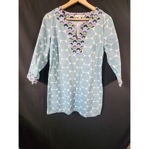 Boden Light Blue Polka Dot Tunic Top 3/4 Sleeve V Neck Contrast Trim Womens 6